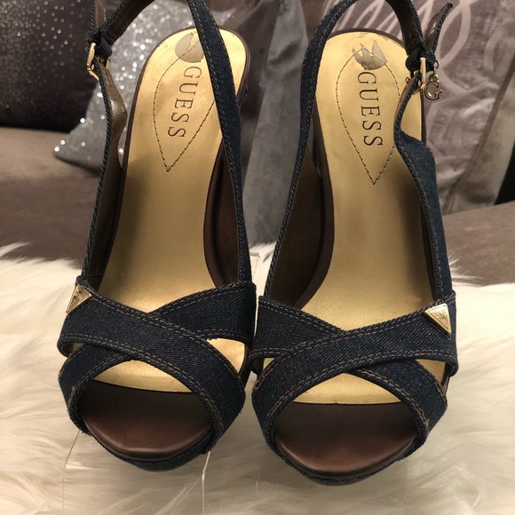 GUESS Tilden Denim Peep Toe Wedges - Picture 2 of 5